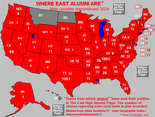 A map of the USA with states highlight from which alumni have sent profiles. The number of alumni reporting in from each state is also included. While this is purely a grahic, the Geographic Index will give you essentially the same information in text form if you are restricted to text only.