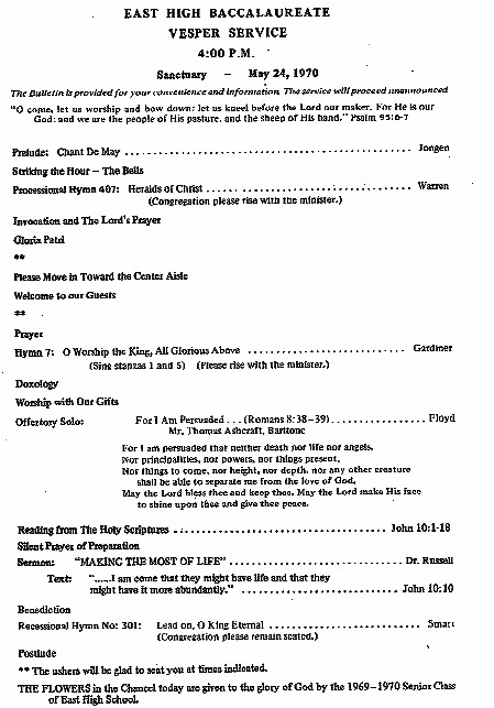 Baccalaureate Vesper Service, order of service page 2